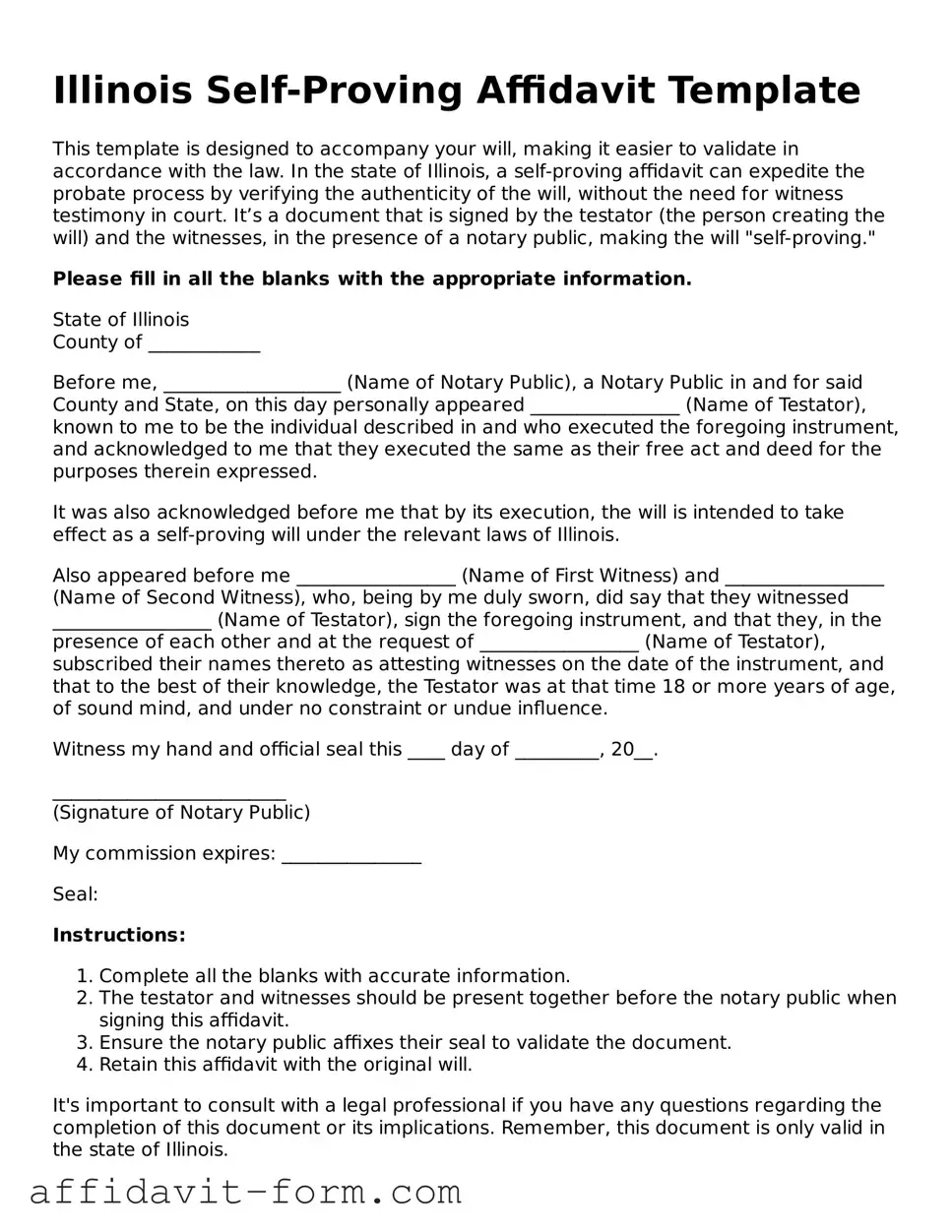 Printable  Self-Proving Affidavit Form for Illinois