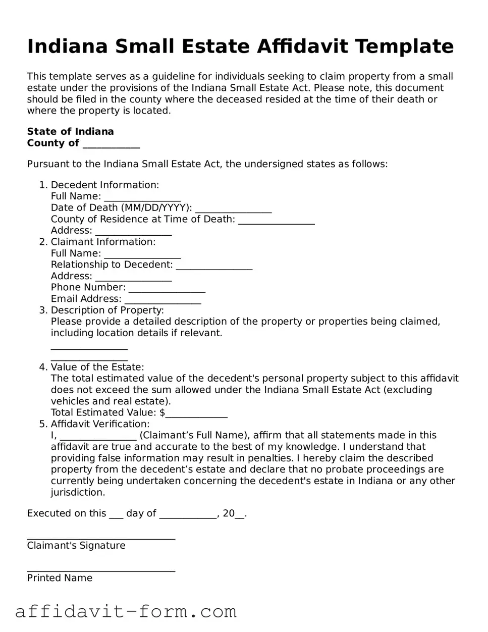 Printable  Small Estate Affidavit Form for Indiana