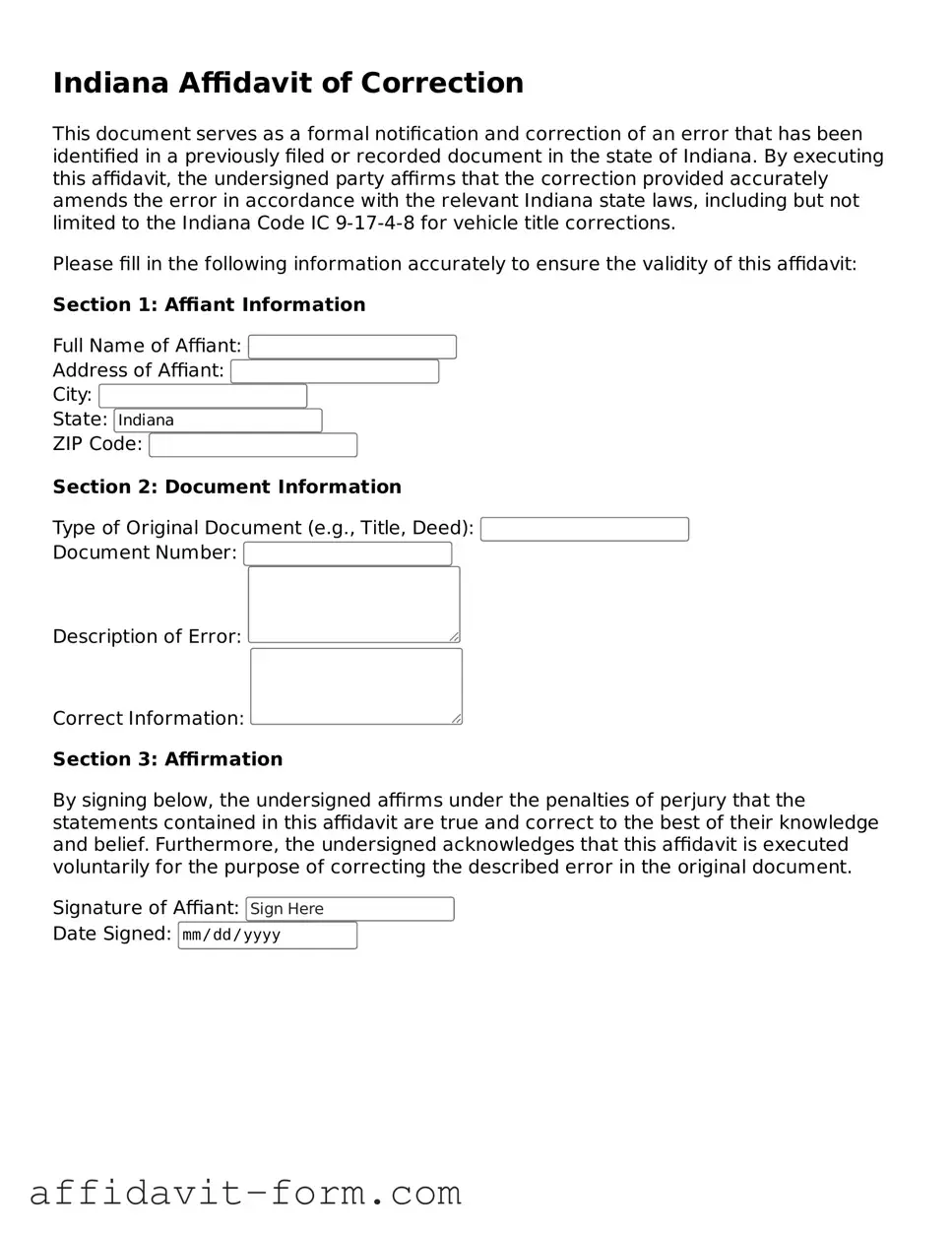 Printable  Affidavit of Correction Form for Indiana