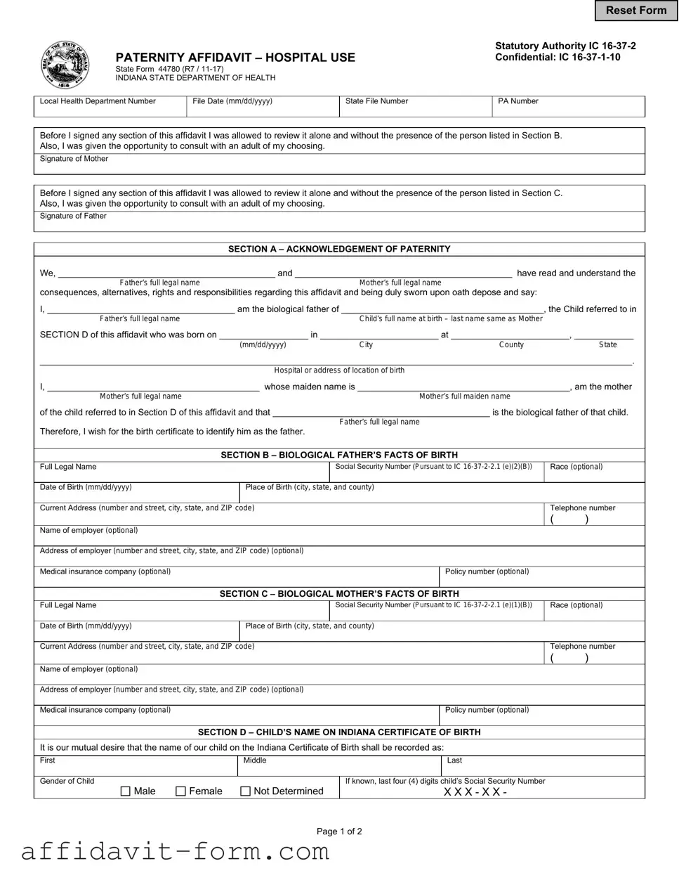 Blank Indiana Paternity Affidavit 44780 PDF Template