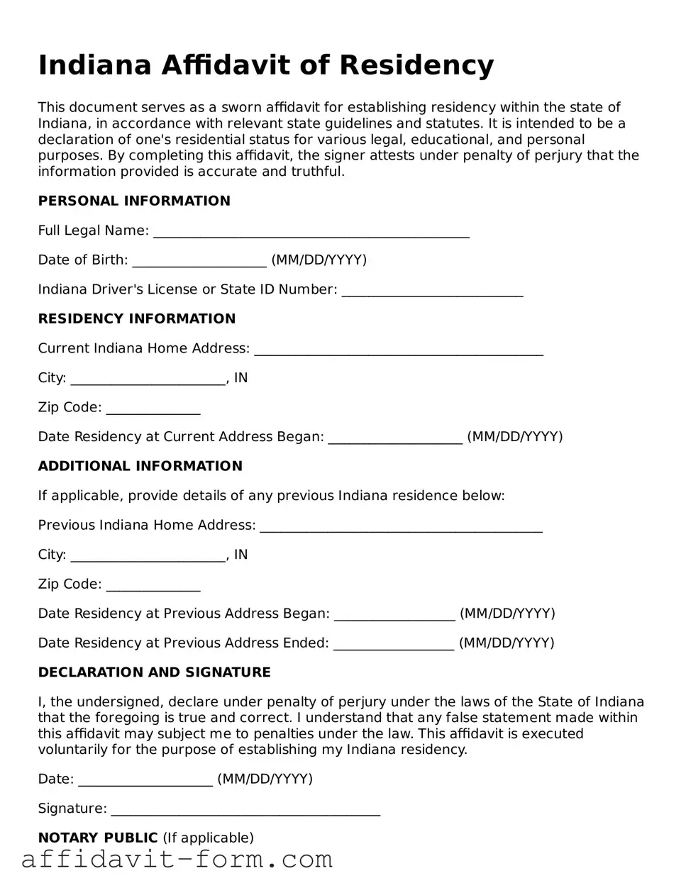 Printable  Affidavit of Residency Form for Indiana
