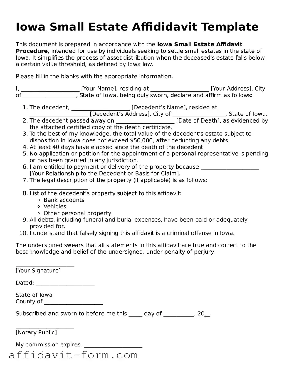 Printable  Small Estate Affidavit Form for Iowa
