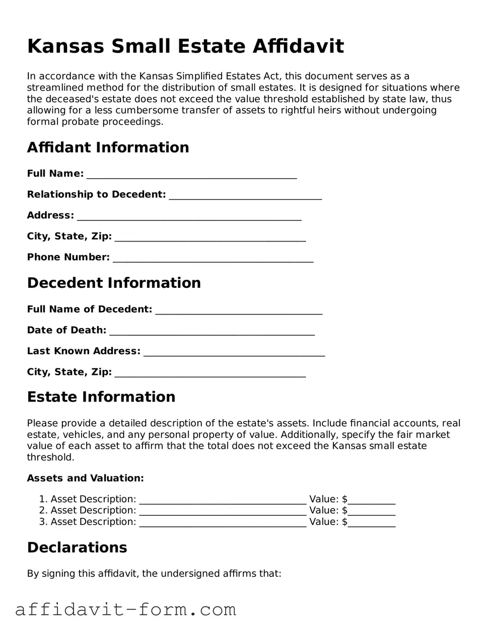 Printable  Small Estate Affidavit Form for Kansas