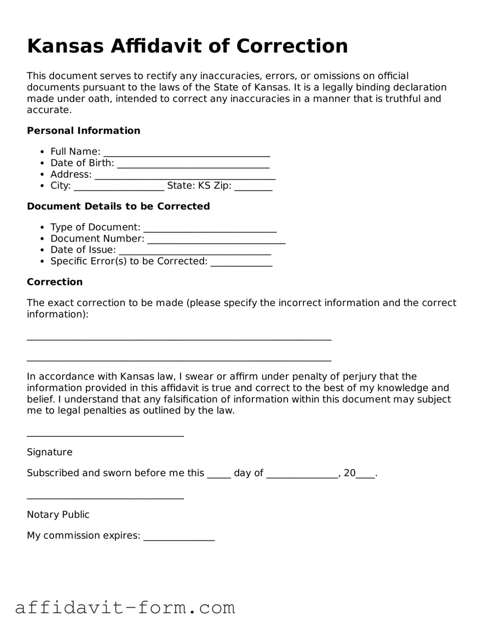 Printable  Affidavit of Correction Form for Kansas