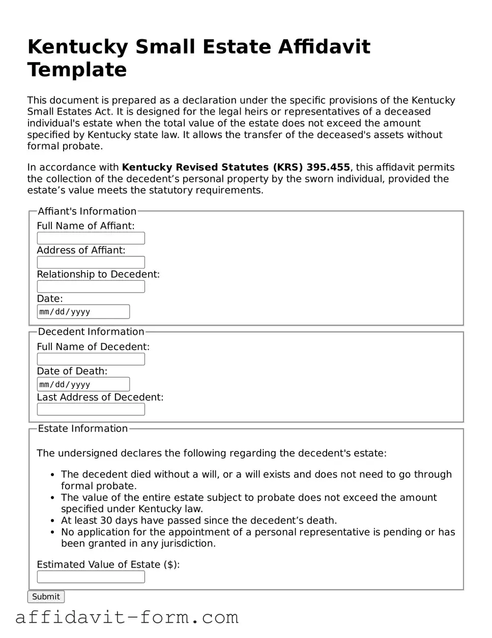 Printable  Small Estate Affidavit Form for Kentucky