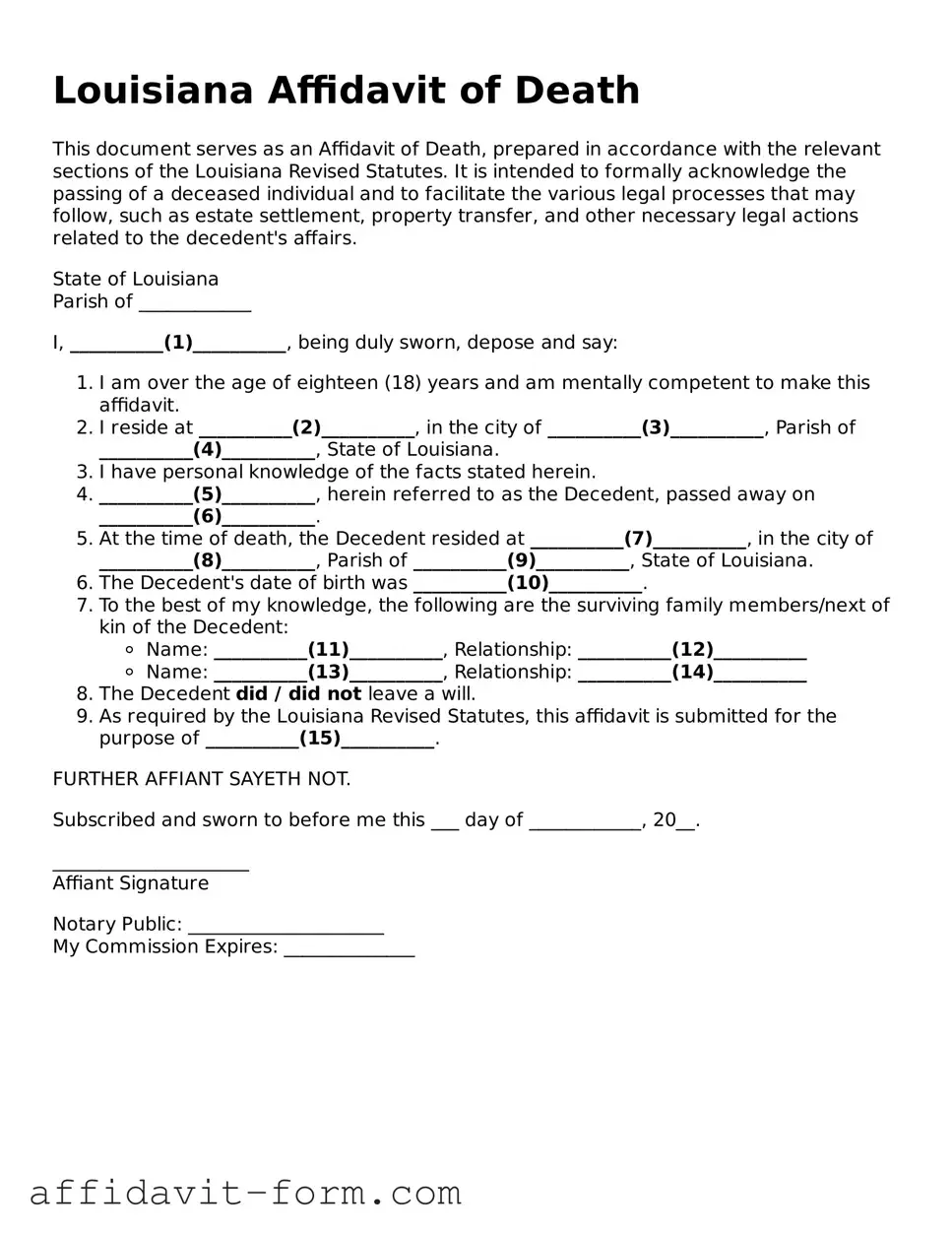 Printable  Affidavit of Death Form for Louisiana