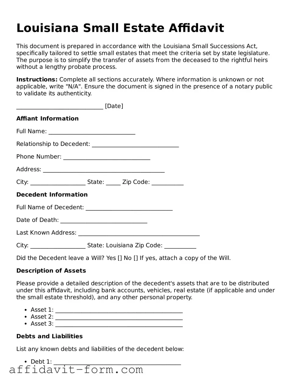 Printable  Small Estate Affidavit Form for Louisiana