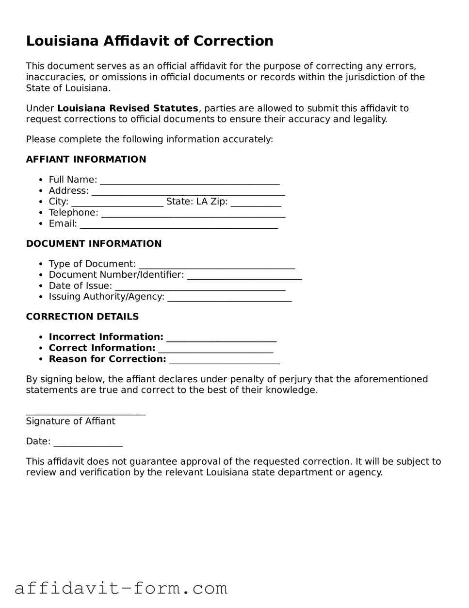 Printable  Affidavit of Correction Form for Louisiana