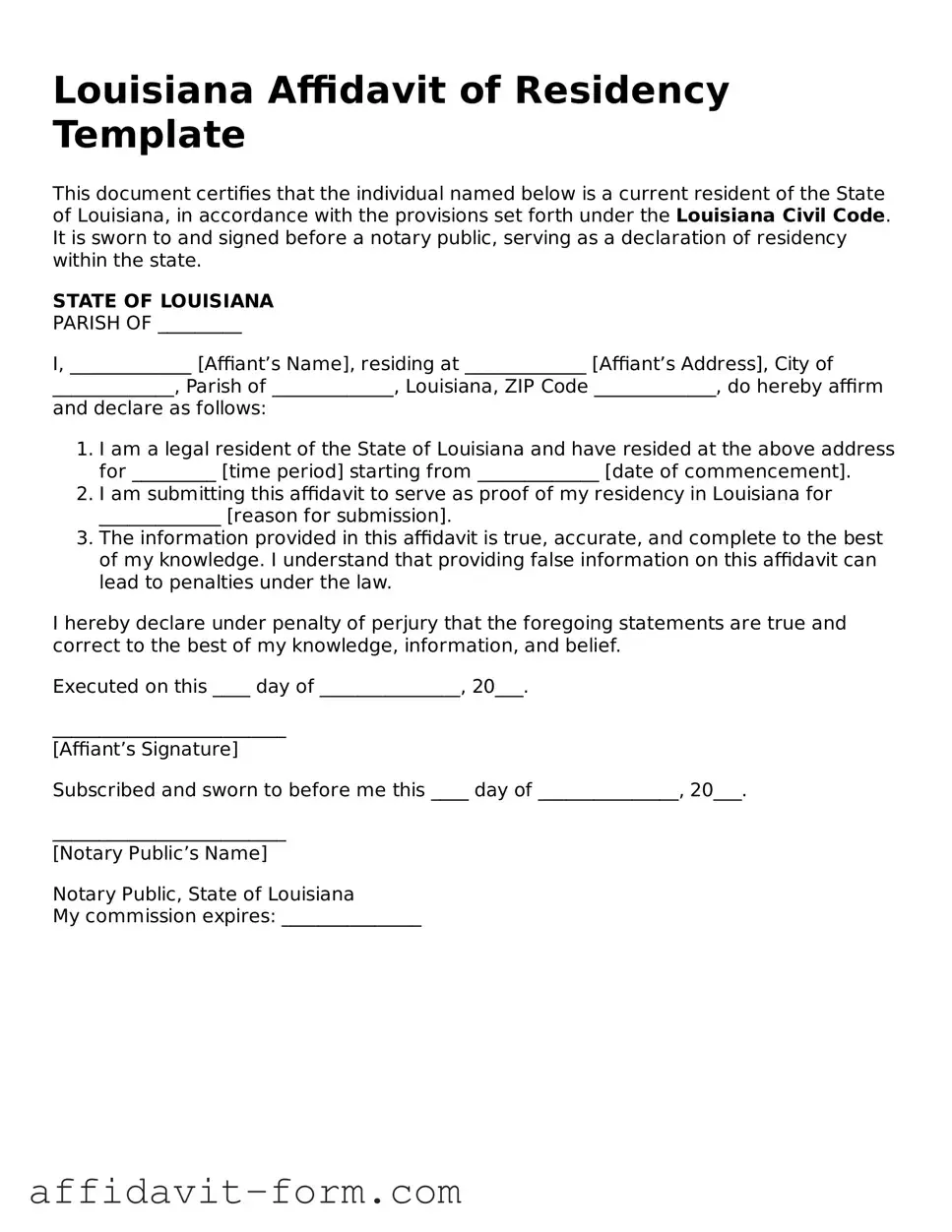 Printable  Affidavit of Residency Form for Louisiana