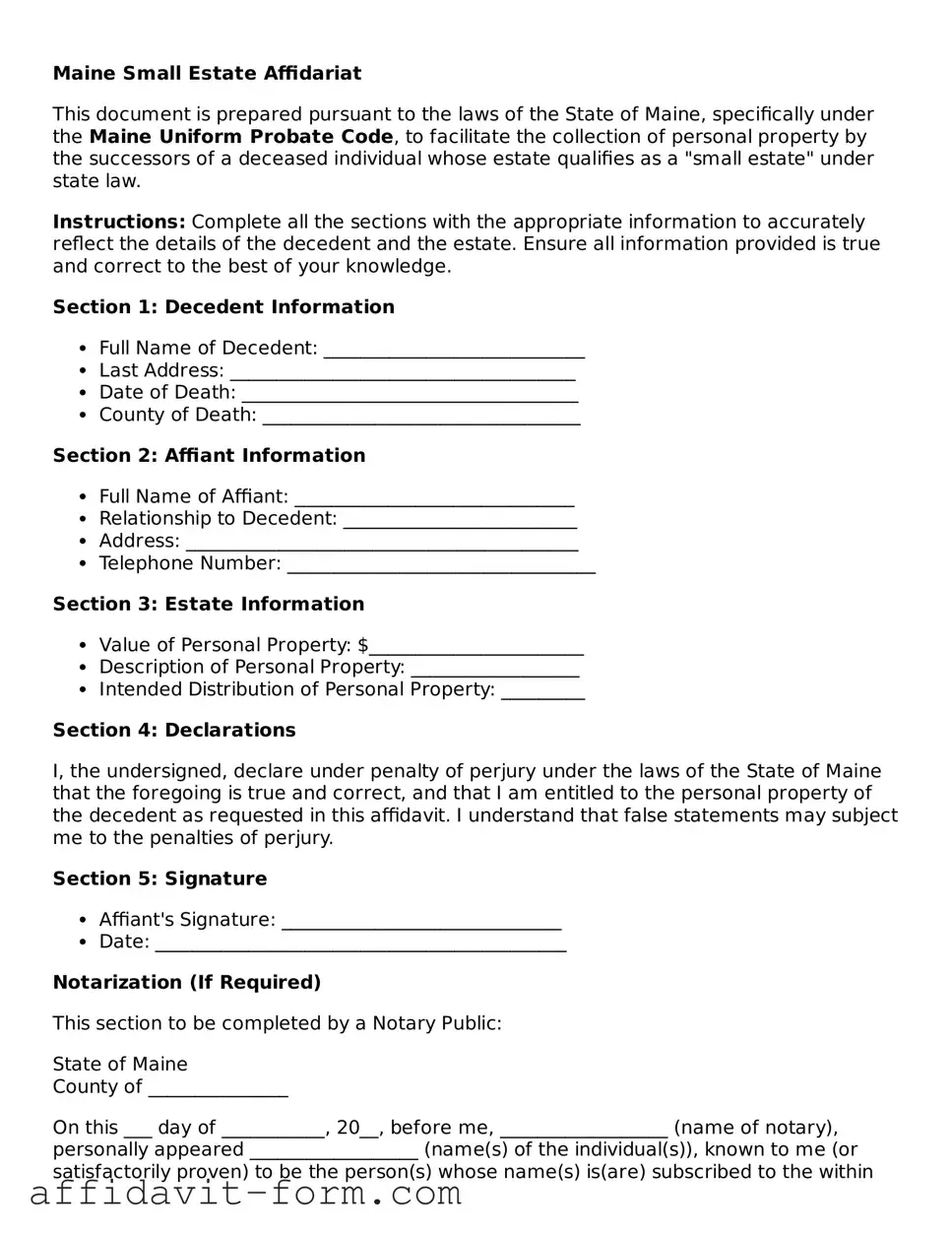 Printable  Small Estate Affidavit Form for Maine