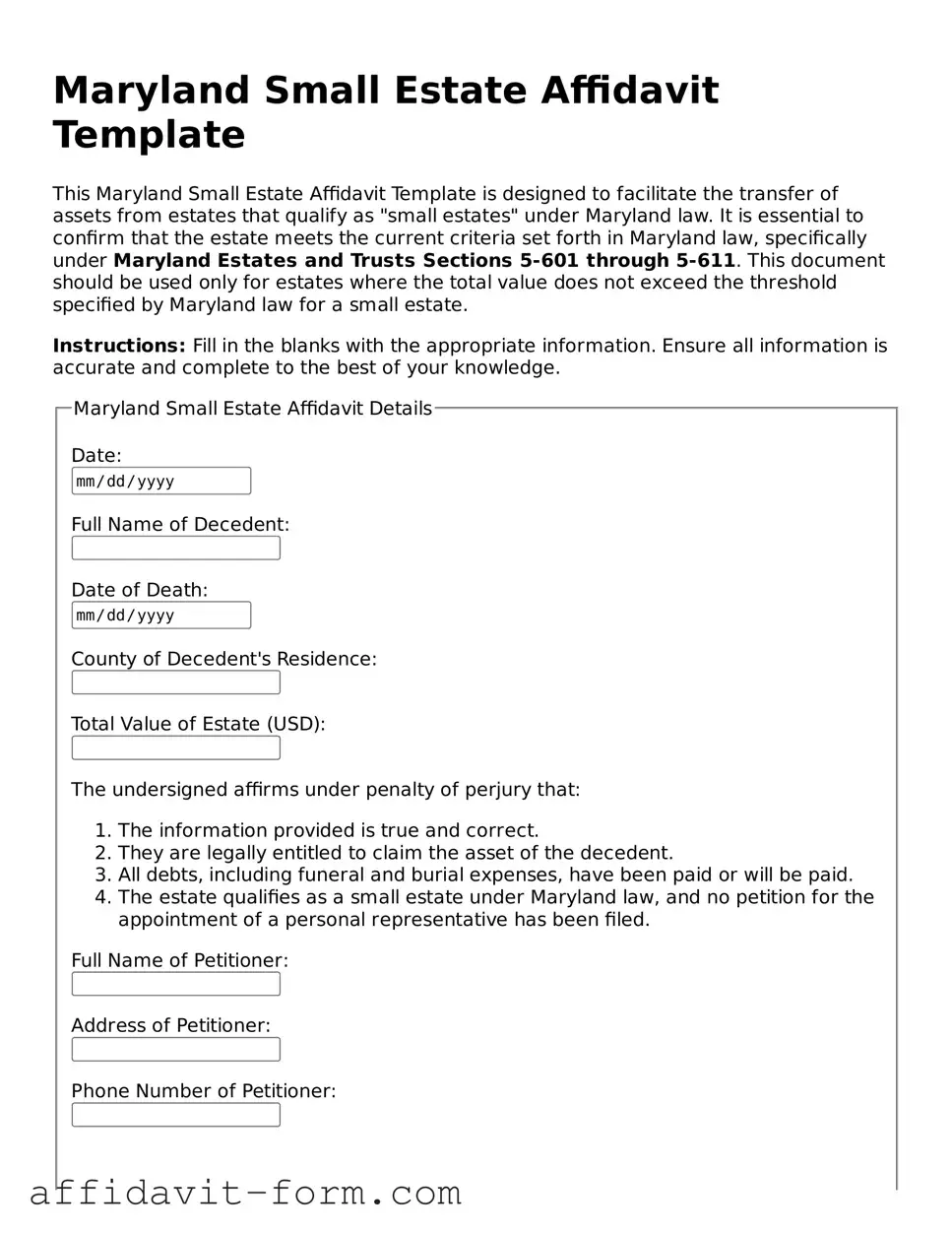 Printable  Small Estate Affidavit Form for Maryland
