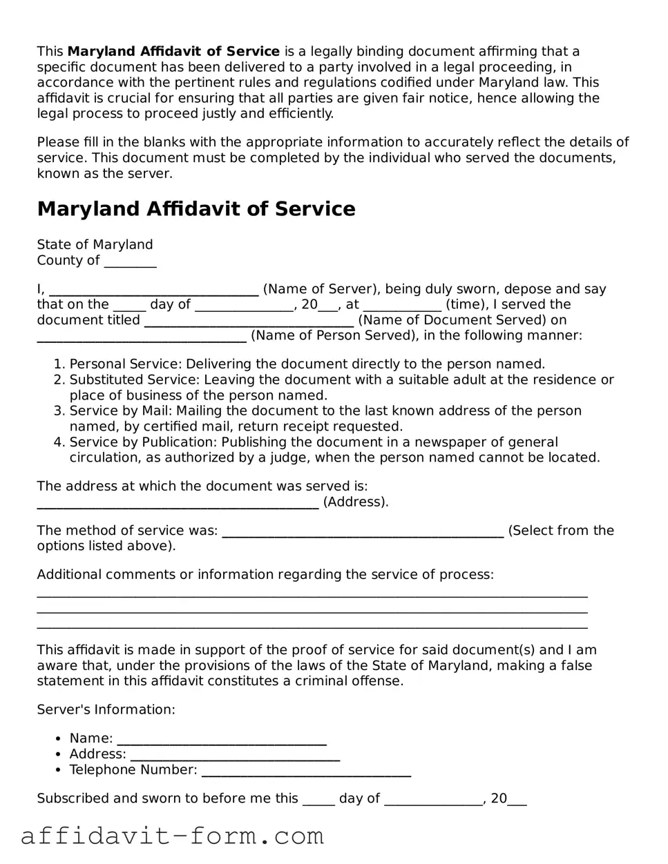 Printable  Affidavit of Service Form for Maryland