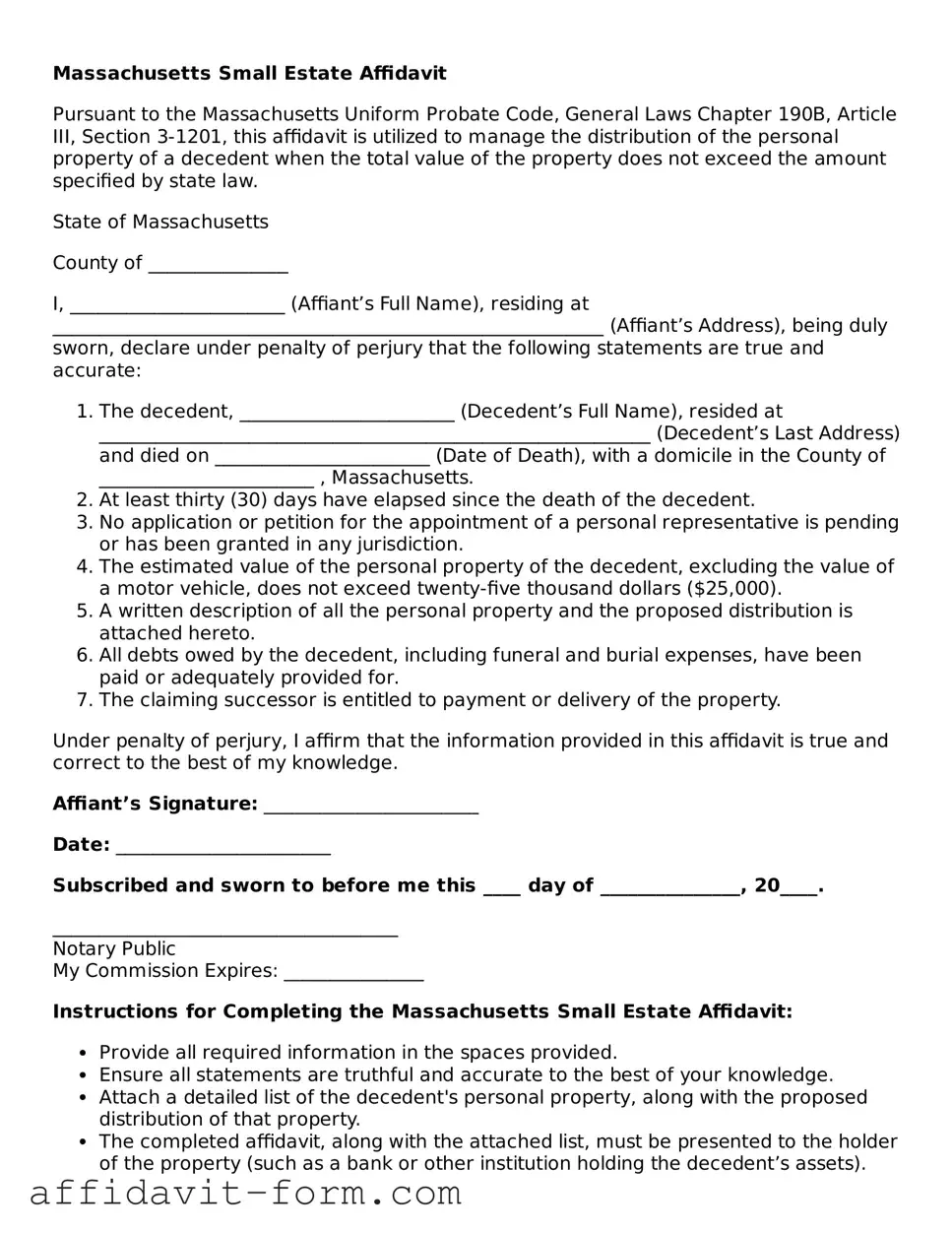 Printable  Small Estate Affidavit Form for Massachusetts