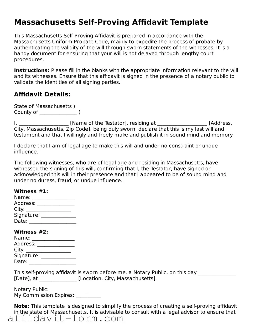 Printable  Self-Proving Affidavit Form for Massachusetts