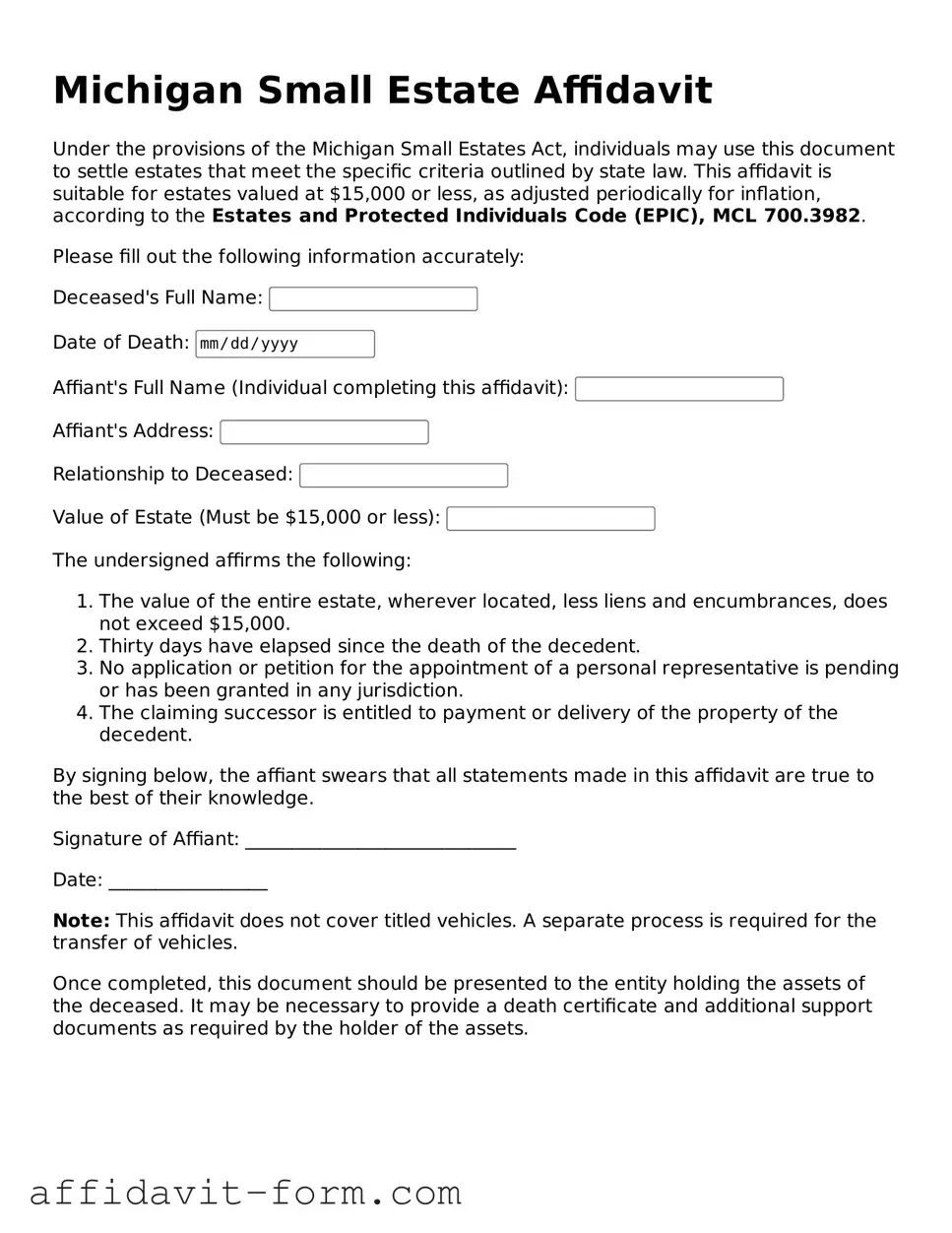 Printable  Small Estate Affidavit Form for Michigan