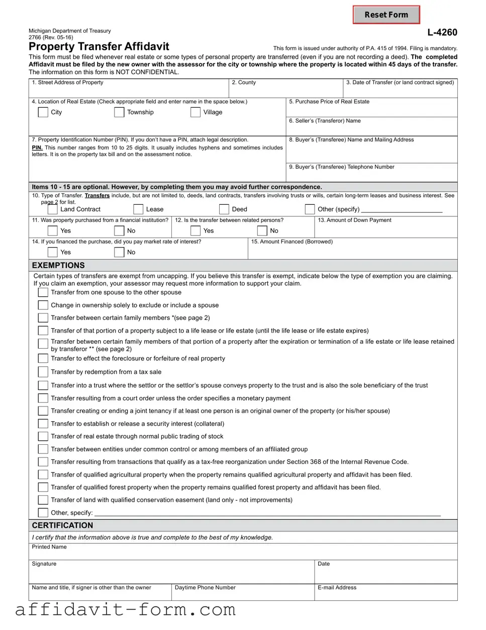 Blank Michigan Property Transfer Affidavit 2766 PDF Template