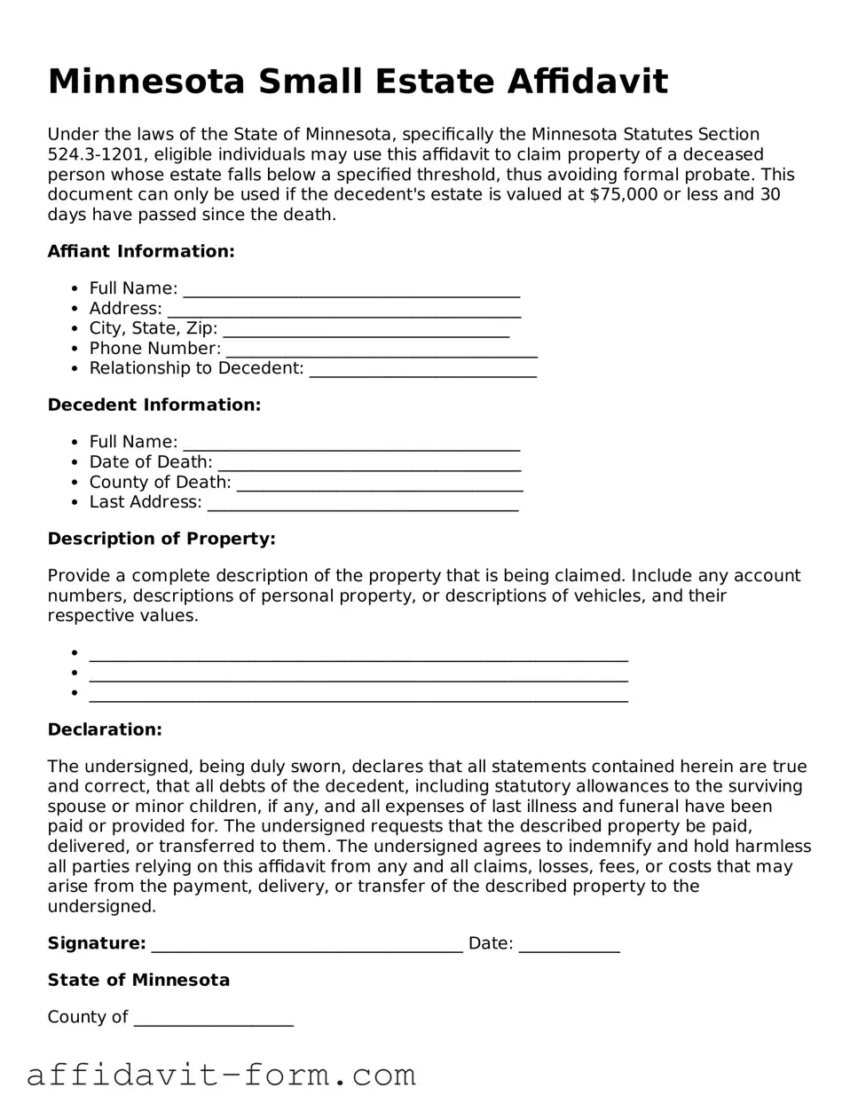 Printable  Small Estate Affidavit Form for Minnesota