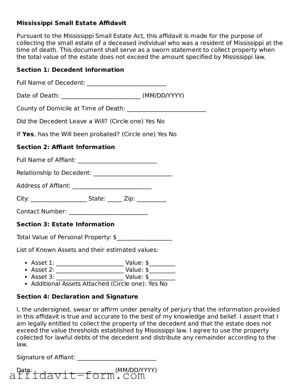 Printable  Small Estate Affidavit Form for Mississippi