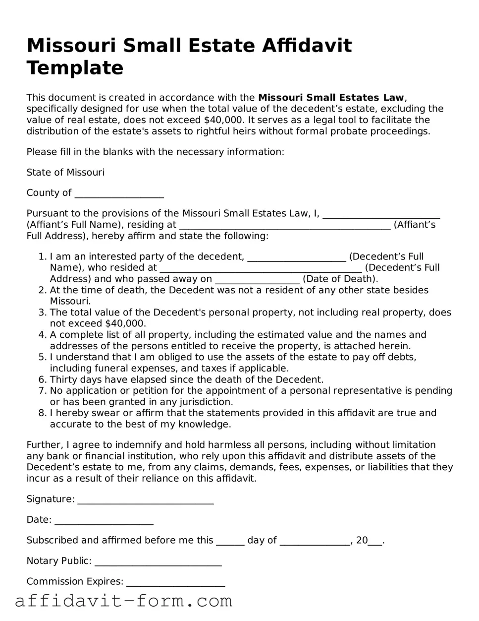 Printable  Small Estate Affidavit Form for Missouri