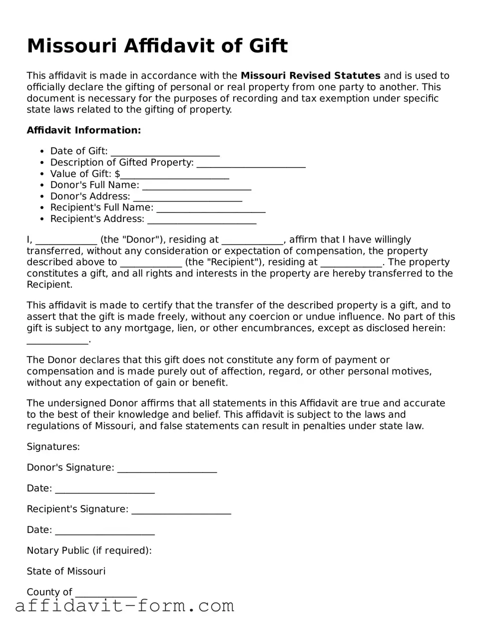 Printable  Affidavit of Gift Form for Missouri