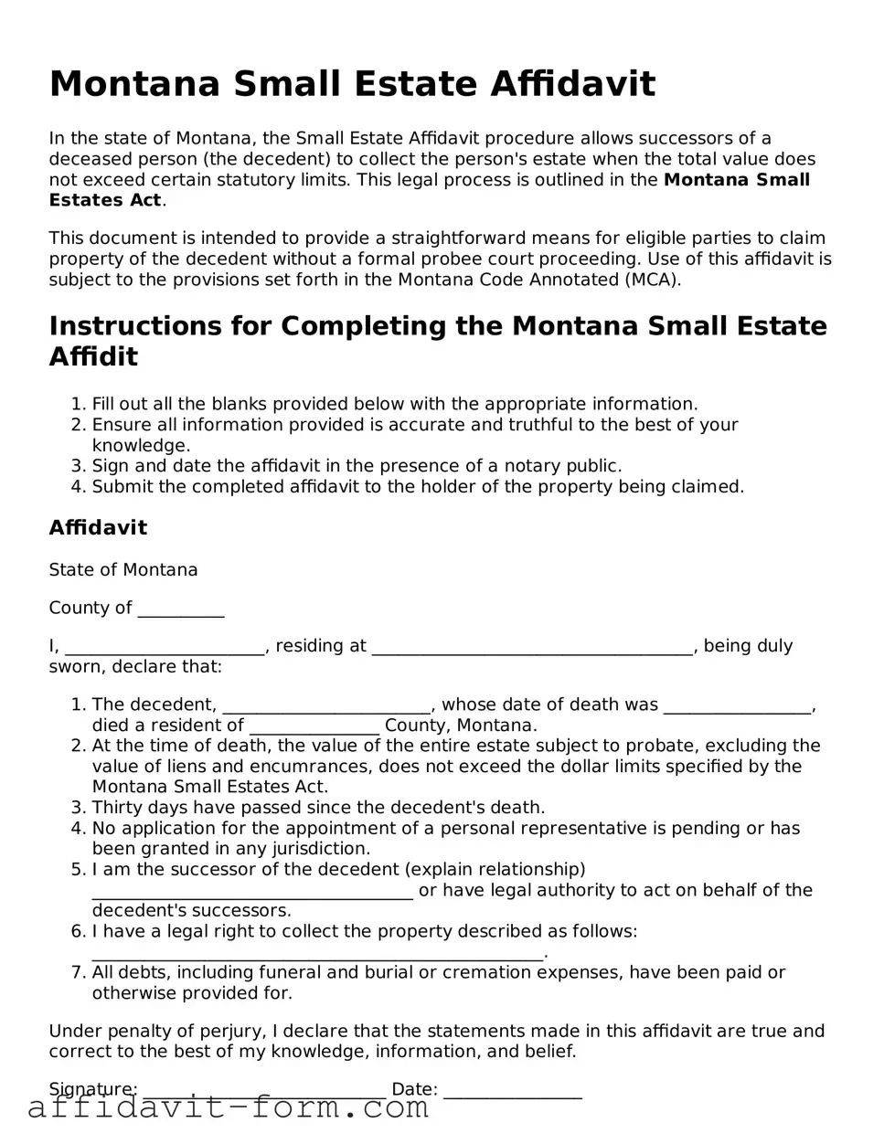 Printable  Small Estate Affidavit Form for Montana