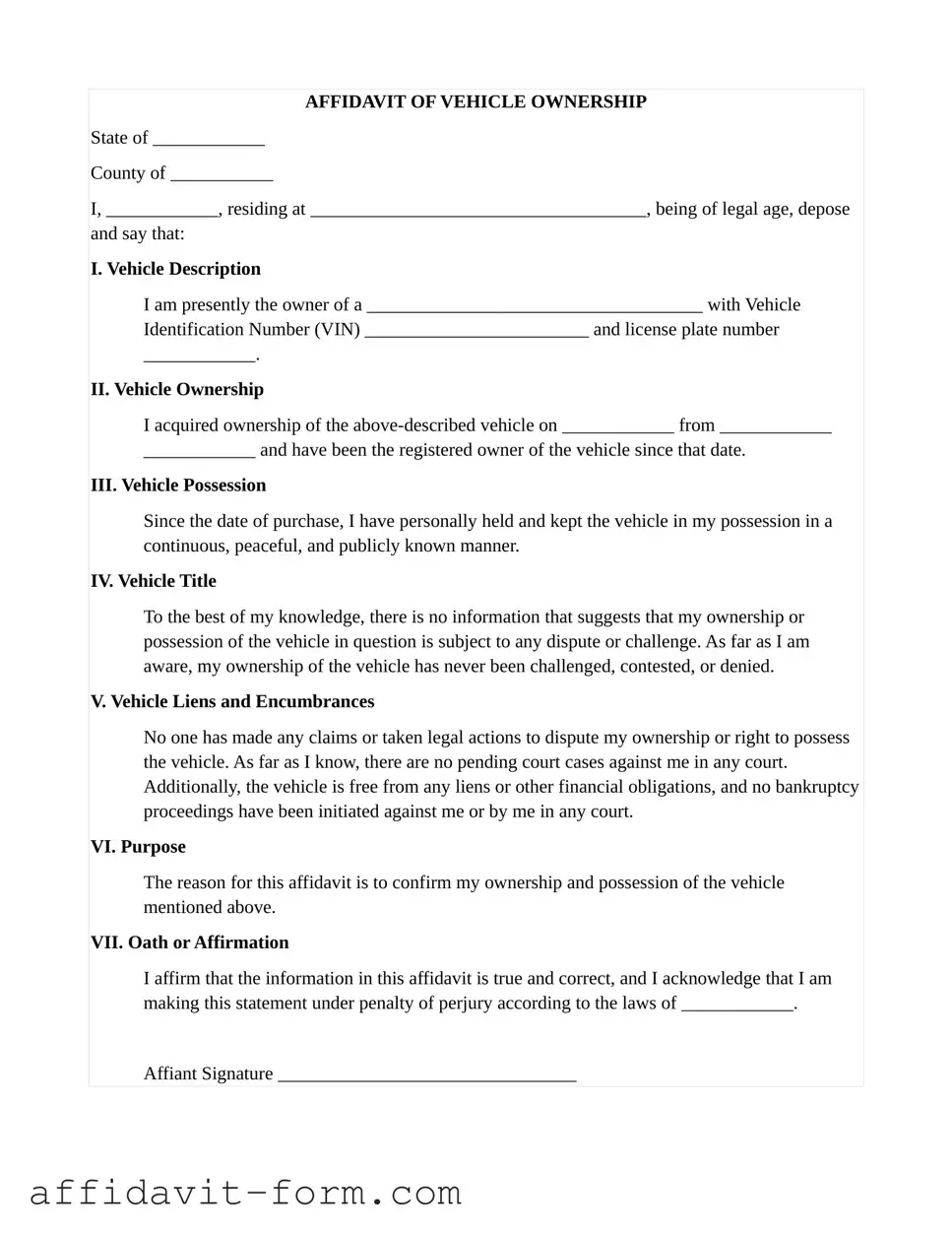 Blank Motor Vehicle Ownership Affidavit PDF Template