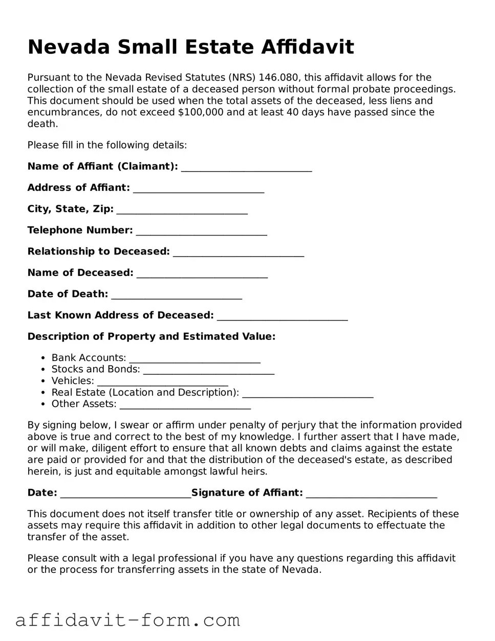 Printable  Small Estate Affidavit Form for Nevada