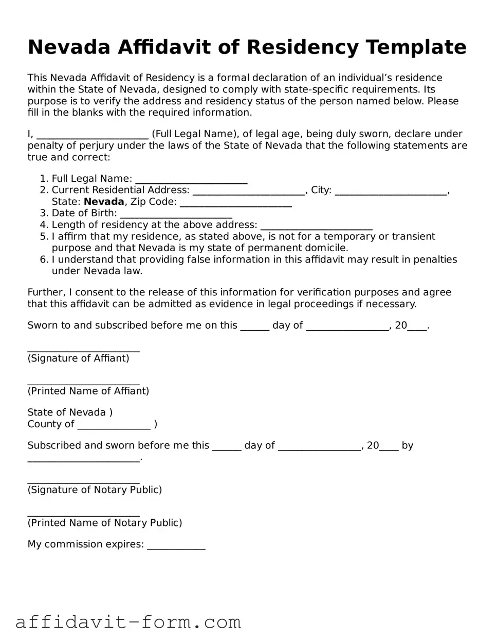 Printable  Affidavit of Residency Form for Nevada