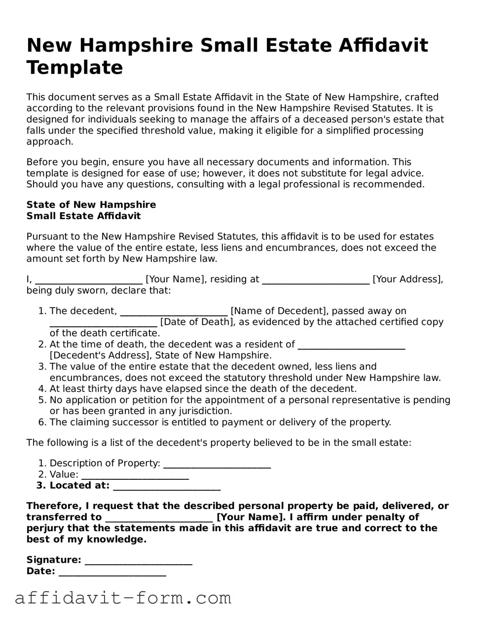 Printable  Small Estate Affidavit Form for New Hampshire
