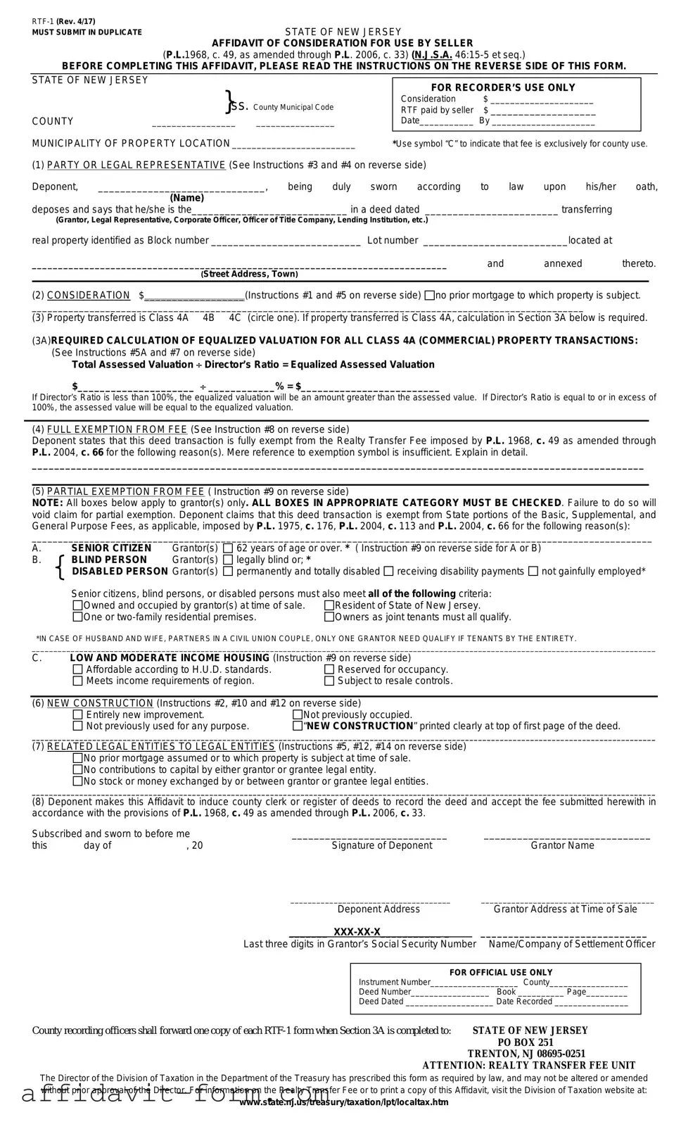 Blank New Jersey Affidavit of Consideration RTF-1 PDF Template