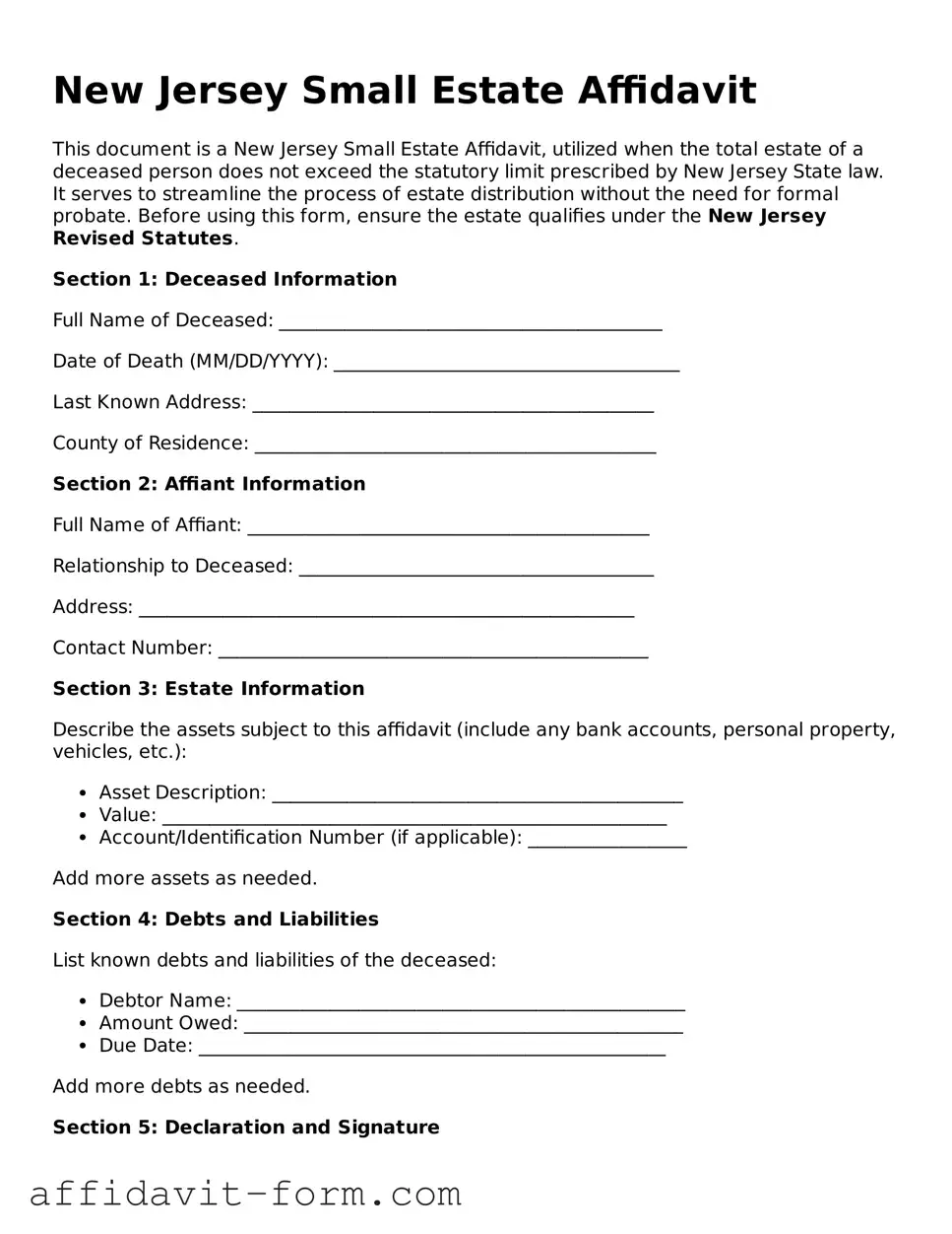 Printable  Small Estate Affidavit Form for New Jersey