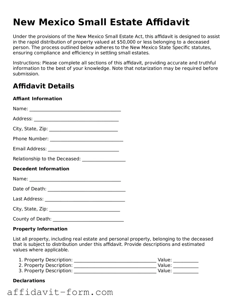 Printable  Small Estate Affidavit Form for New Mexico