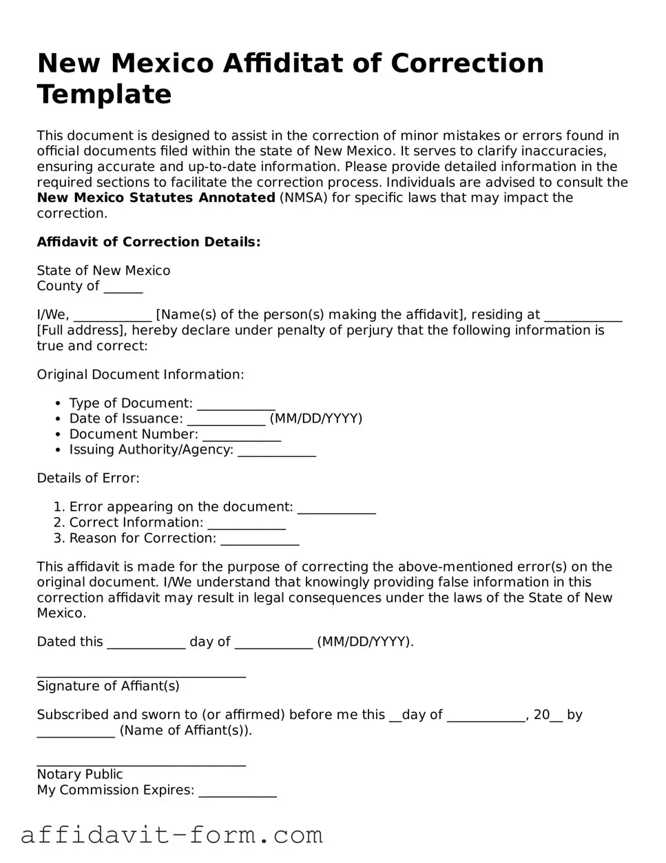 Printable  Affidavit of Correction Form for New Mexico
