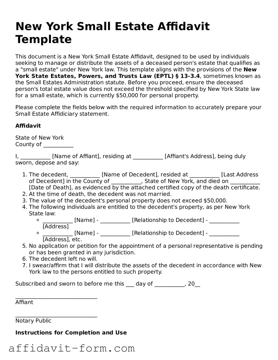 Printable  Small Estate Affidavit Form for New York