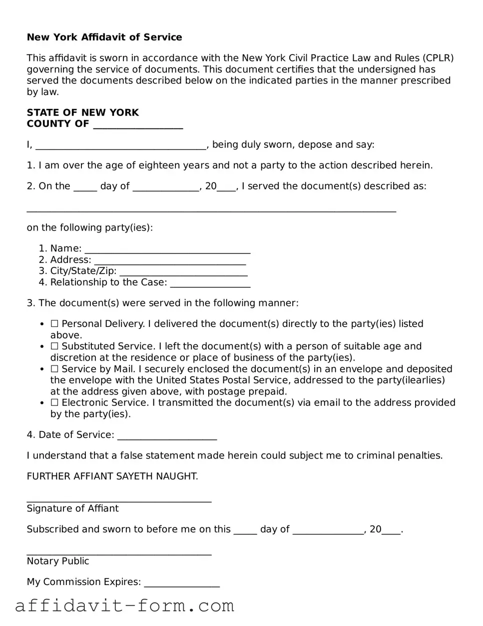 Printable  Affidavit of Service Form for New York