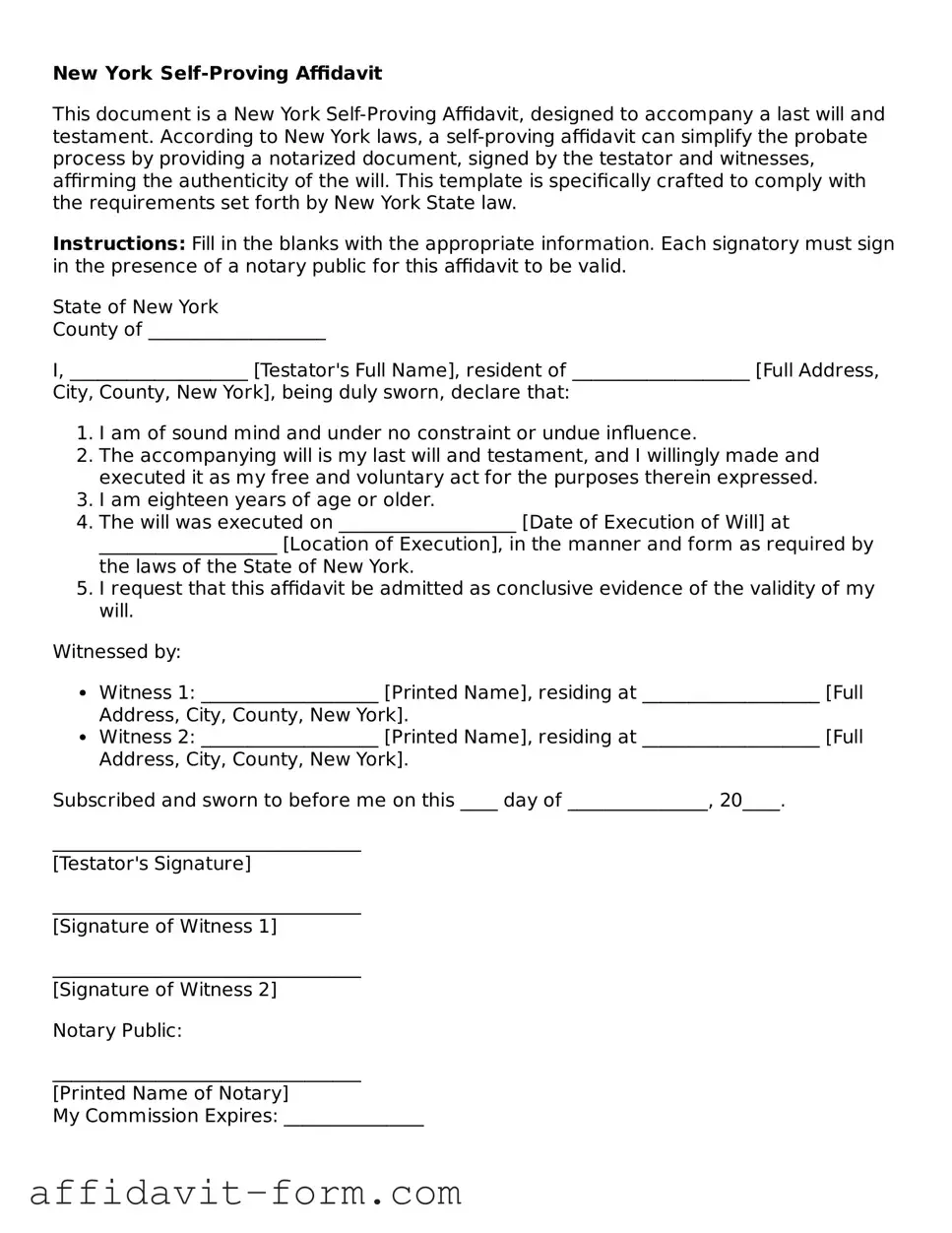 Printable  Self-Proving Affidavit Form for New York
