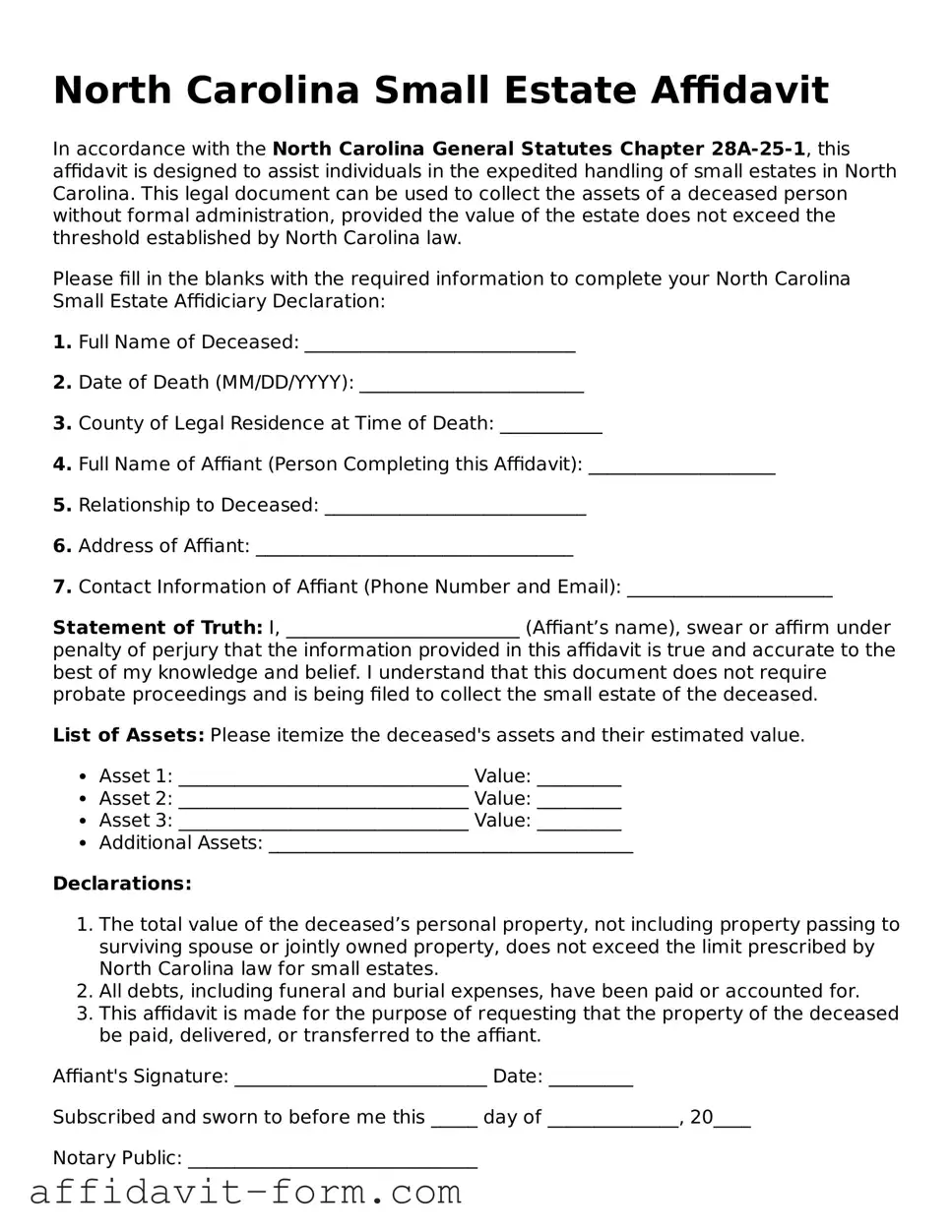Printable  Small Estate Affidavit Form for North Carolina