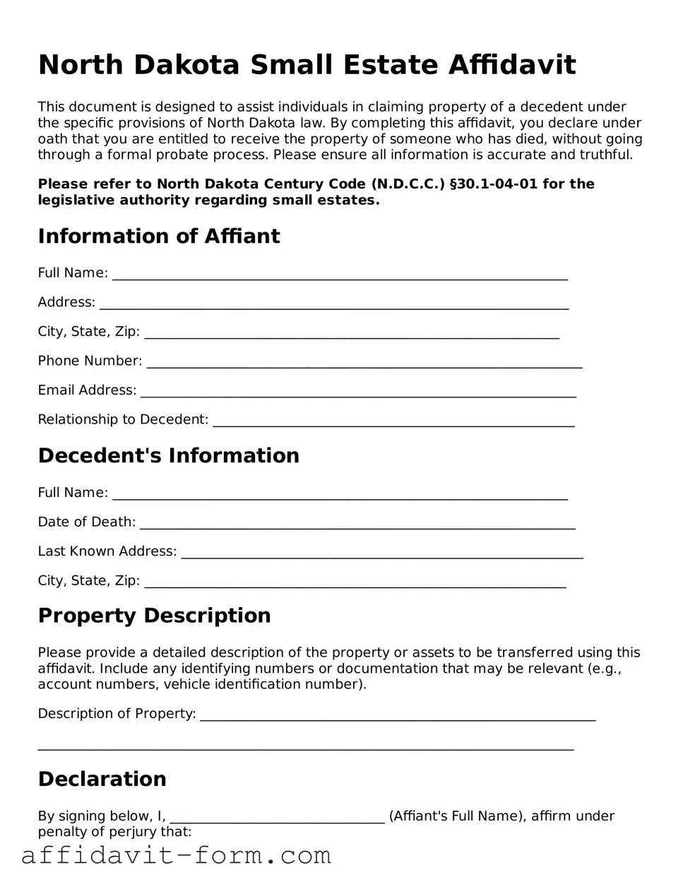 Printable  Small Estate Affidavit Form for North Dakota