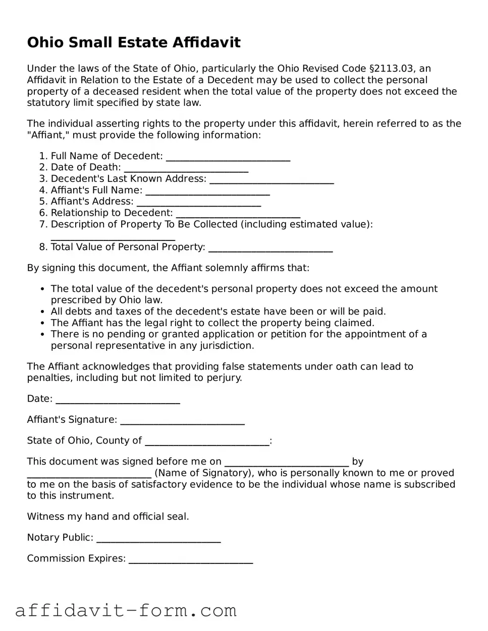 Printable  Small Estate Affidavit Form for Ohio