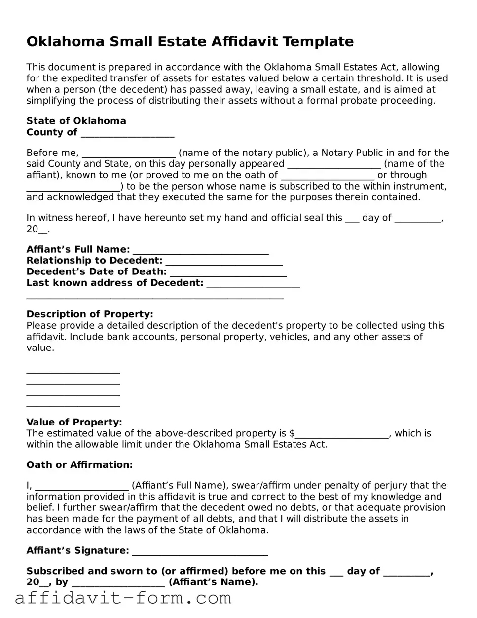 Printable  Small Estate Affidavit Form for Oklahoma