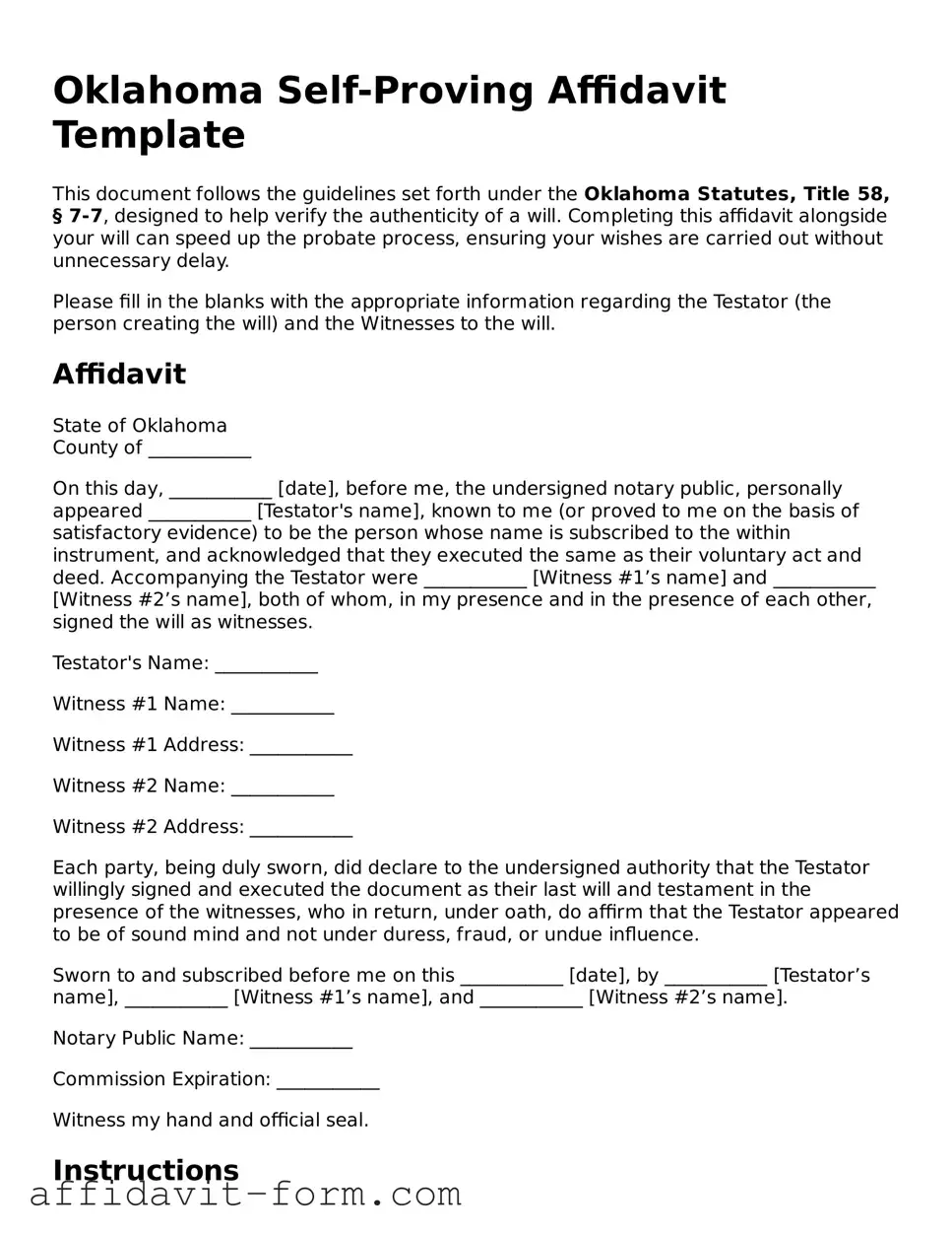 Printable  Self-Proving Affidavit Form for Oklahoma