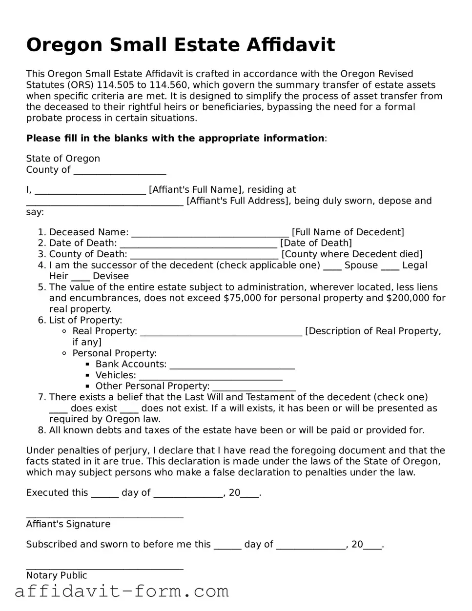 Printable  Small Estate Affidavit Form for Oregon