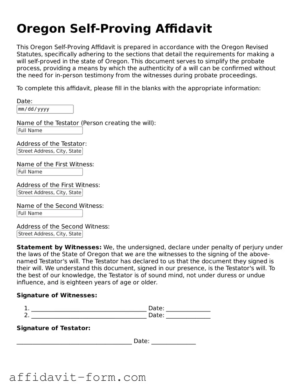 Printable  Self-Proving Affidavit Form for Oregon