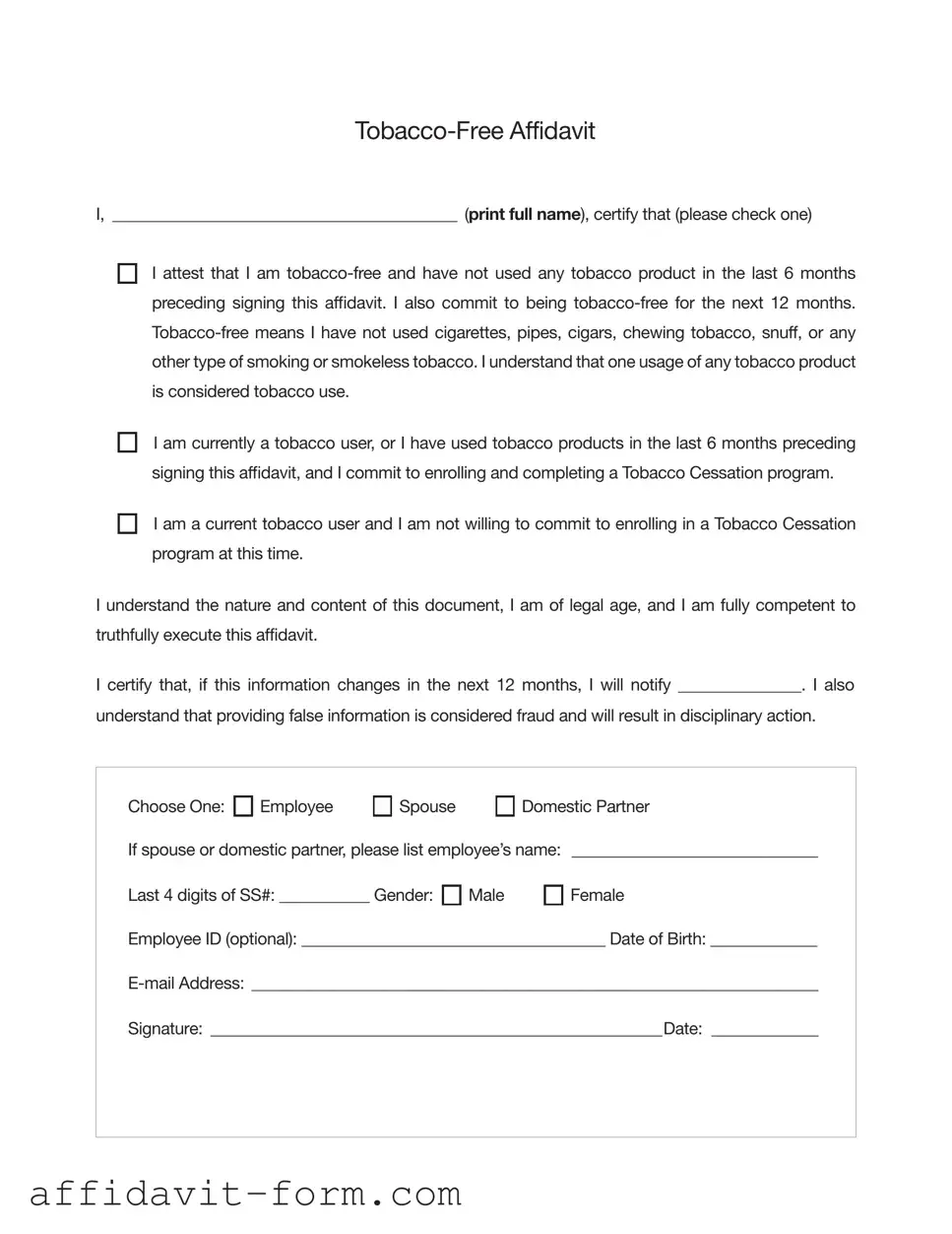 Blank Peia Tobacco Affidavit PDF Template
