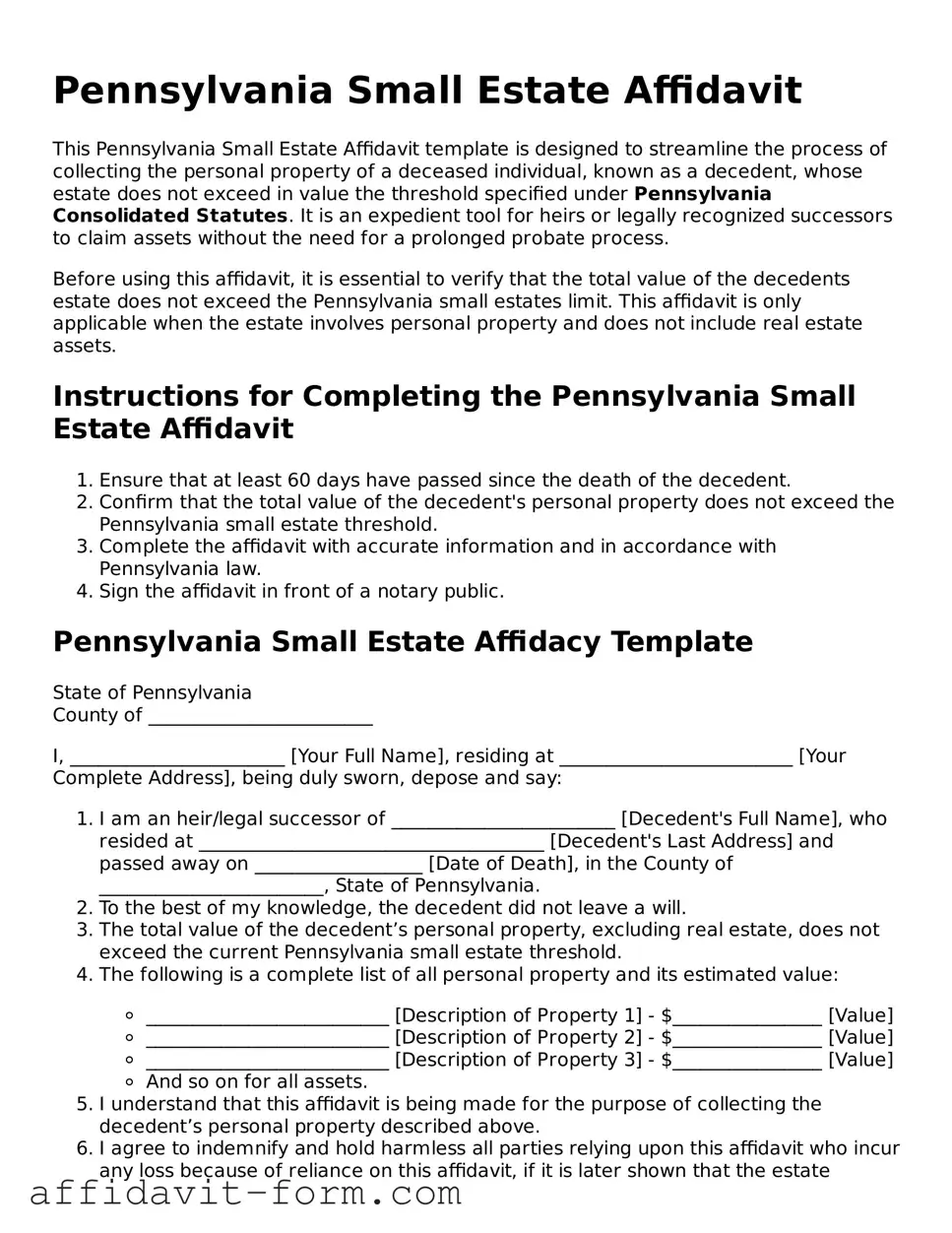 Printable  Small Estate Affidavit Form for Pennsylvania