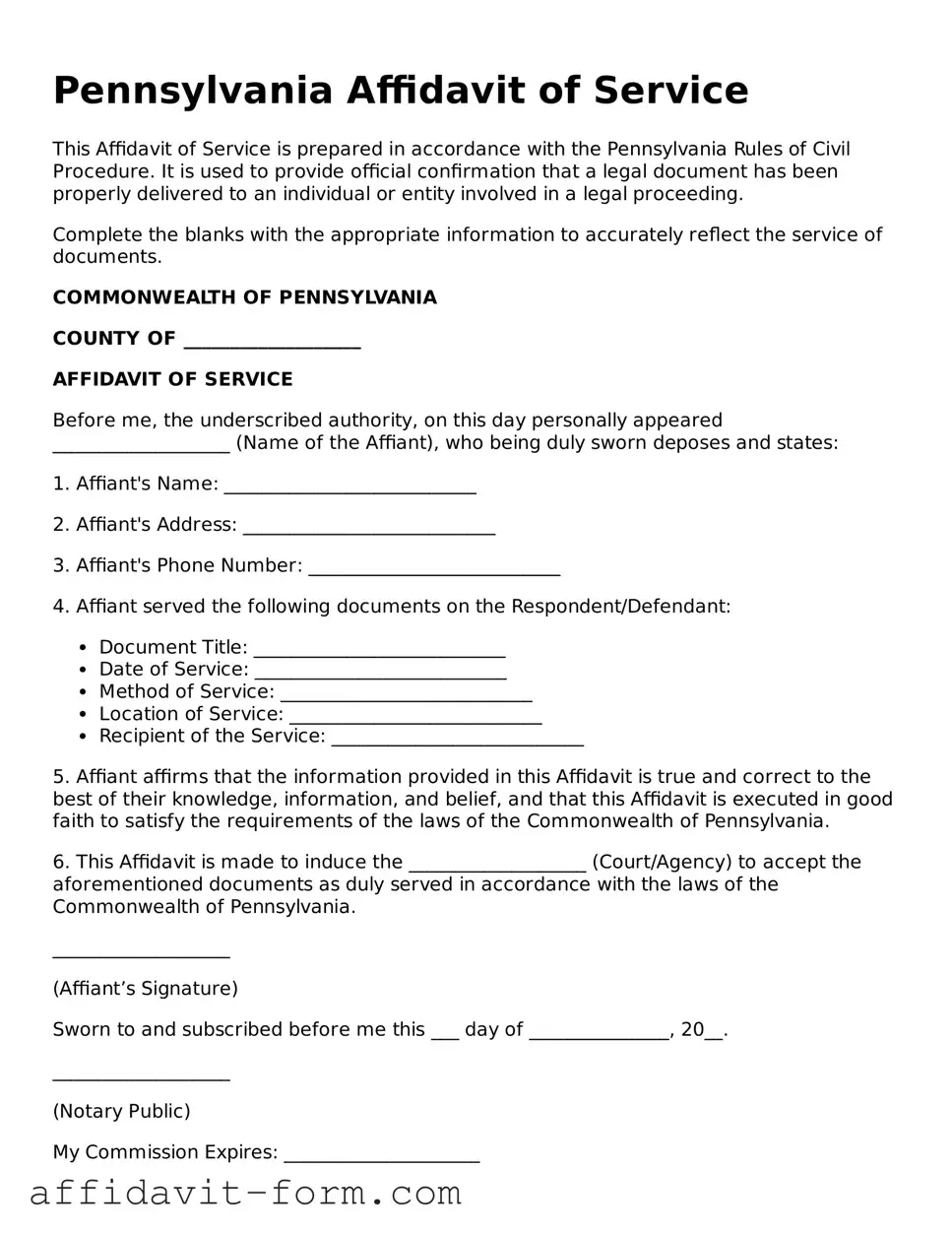 Printable  Affidavit of Service Form for Pennsylvania