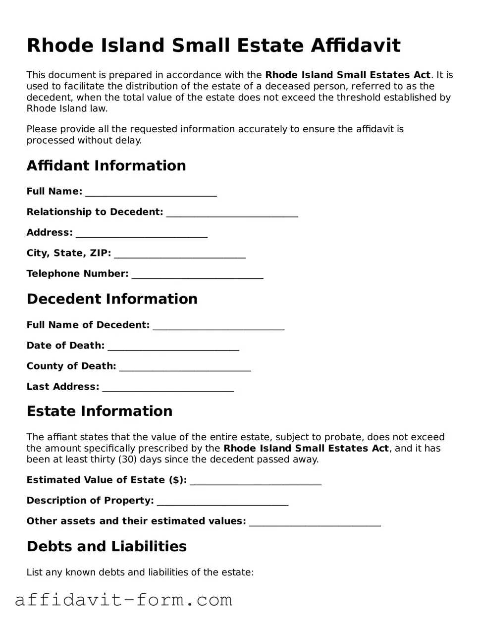 Printable  Small Estate Affidavit Form for Rhode Island