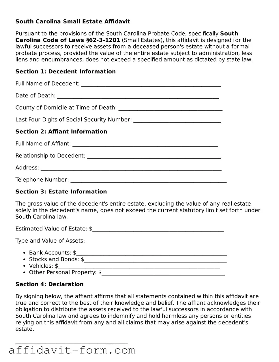 Printable  Small Estate Affidavit Form for South Carolina