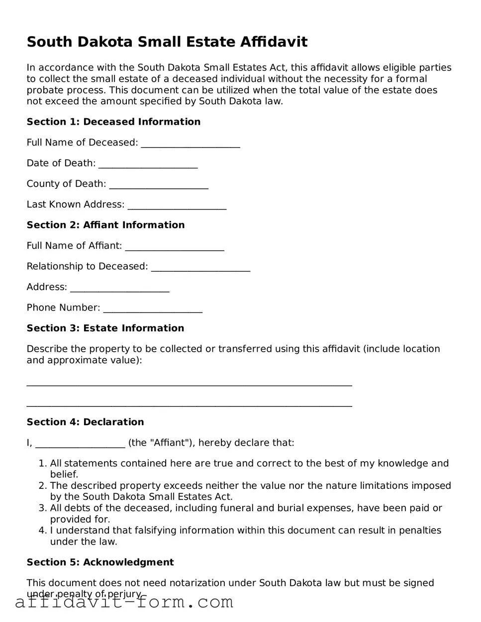 Printable  Small Estate Affidavit Form for South Dakota
