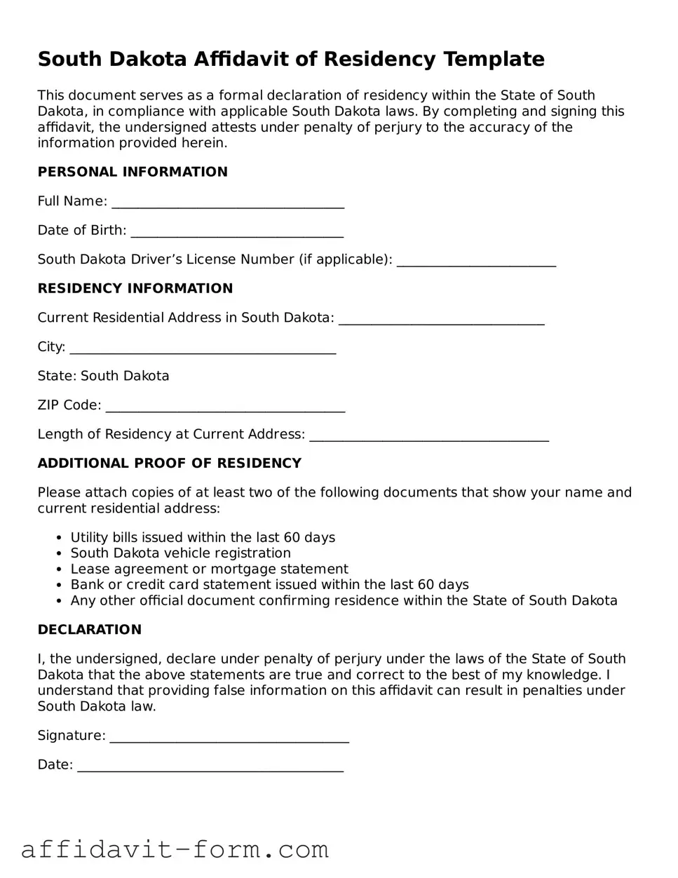 Printable  Affidavit of Residency Form for South Dakota